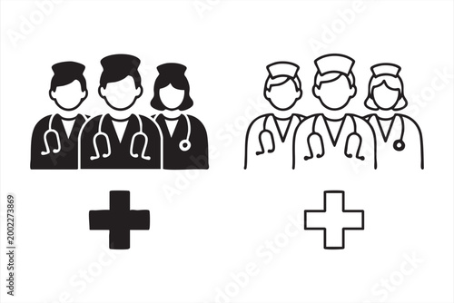 Medical staff team group icon featuring doctors nurses and healthcare professionals with plus sign.