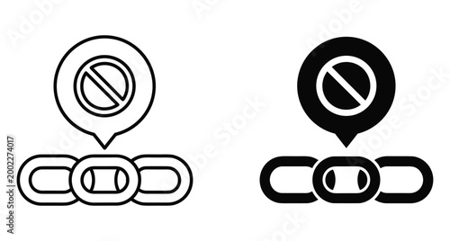 Broken link icon set showing chain with prohibition sign for website error dead connection restricted access and security block symbol