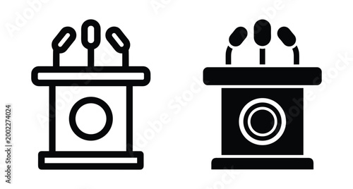Podium icon set with microphones for press conference speech presentation debate public speaking event political announcement and media interview communication