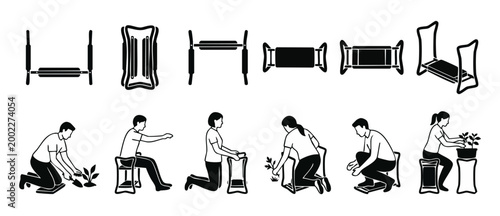 Garden Kneeler and Seat Bench Icons Set, Demonstrating Portable Foldable Gardening Tools for Plant Maintenance, Outdoor Kneeling Pad and Stool for Knees Protection, Ergonomic Farming Equipment Graphic