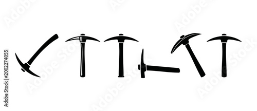Pickaxe icon set, mining tools silhouette collection for construction and excavation. Black vector graphic elements of professional hammers for geology, mineral exploration, industrial mining equipmen