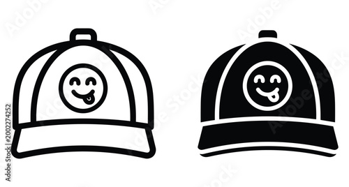 Baseball cap icon set featuring playful tongue out emoji face design for streetwear apparel fashion accessories and headwear graphic elements
