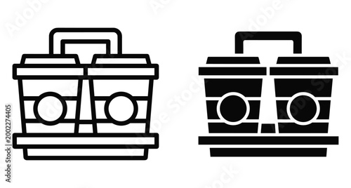 coffee cup carrier icon set with two takeaway cups in holder for beverage delivery service cafe and restaurant menu design