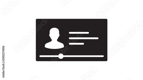 Minimalist video profile icon, digital media player interface with user avatar, black and white multimedia streaming vector for web design