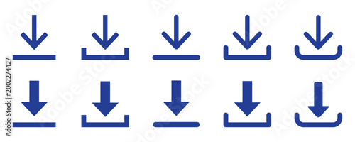 Set of ten dark blue download with various arrow and tray styles isolated on transparent background