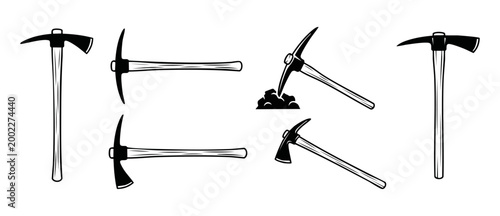 Pickaxe tool icon set, vintage mining pick illustration, flat vector silhouette collection for exploration, construction and excavation design elements isolated on white background, black and white gr