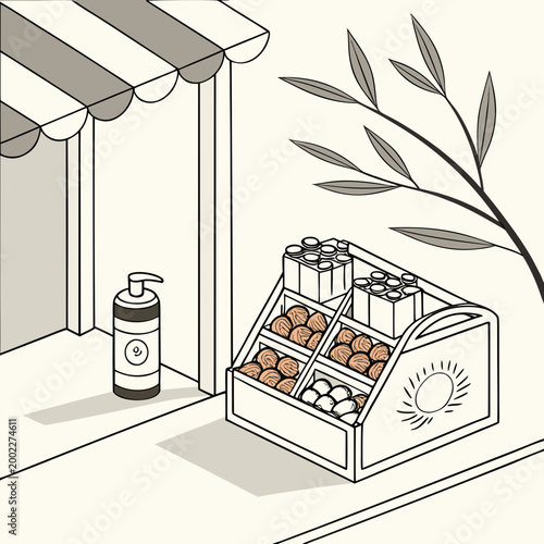 Bakery display with pastries and bottle on counter