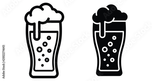 Beer glass icon set with foam and bubbles in outline and solid black style for bar menu pub signage design