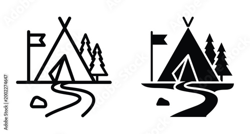 Camping tent icon set with teepee flag pine trees and winding path in outline and solid black silhouette vector style