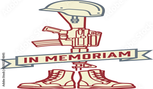 Military fallen soldier battlefield cross vector, in memoriam tribute with rifle helmet and boots, patriotic memorial day honor graphic, veteran remembrance illustration
