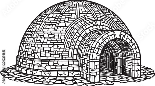 Vintage igloo line art illustration, traditional snow house vector drawing, arctic ice dome shelter with stone texture, winter dwelling icon