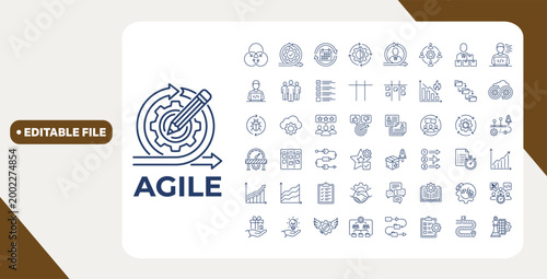 Minimalist Agile outine icons set with editable stroke. featuring icons of various software development, plan, testing, process, scrum and more. thin linear illustration.	