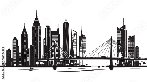 Modern city skyline vector illustration, black and white urban landscape with skyscrapers and suspension bridge, metropolitan city panorama