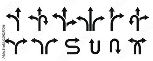 Black directional arrow for navigation, wayfinding, and complex isolated on transparent background