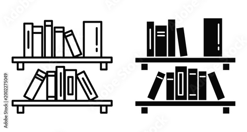 bookshelf icon set with outline and solid black glyph styles featuring rows of books on wooden shelves for library education