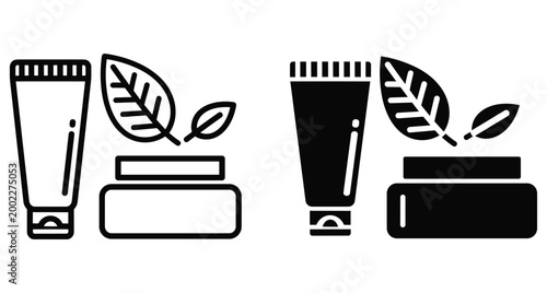 Natural organic cosmetic products icons set featuring cream jar and lotion tube with green leaves in outline and solid style