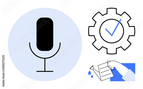 Voice technology, app settings, task management, productivity, audio input, workflow optimization. Microphone symbol, gear with checkmark hand pouring liquid. Voice technology and app settings