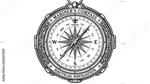 Vintage compass, antique navigation tool, classic mariners compass, black and white illustration