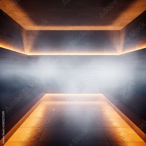 A serene atmosphere inside a modern steam room where soft white mist envelops the space, highlighting sleek stone tiles and warm lighting, architecture, luxury, relaxation