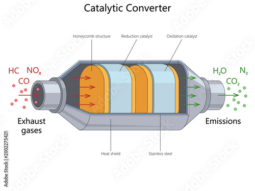 Educational diagram showing how a catalytic converter changes harmful exhaust gases into cleaner vehicle emissions through catalyst sections diagram hand drawn schematic vector. Science illustration