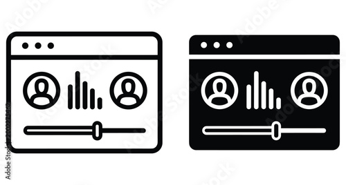 Video conference icon set showing online meeting interface with user avatars audio waveform and progress bar for digital communication software