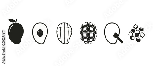 Mango fruit icon set, sliced mango segments, vector food preparation steps, tropical fruit graphic design elements for culinary menus, fresh organic ingredients, flat minimalist black isolated silhoue
