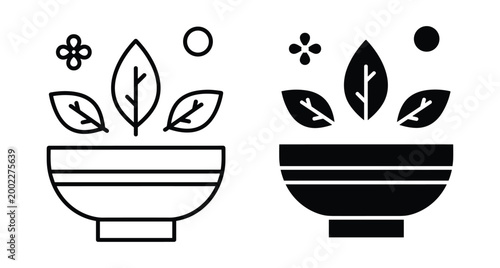 Herbal tea bowl icon set with green leaves and flower symbols for organic food wellness and healthy lifestyle design elements