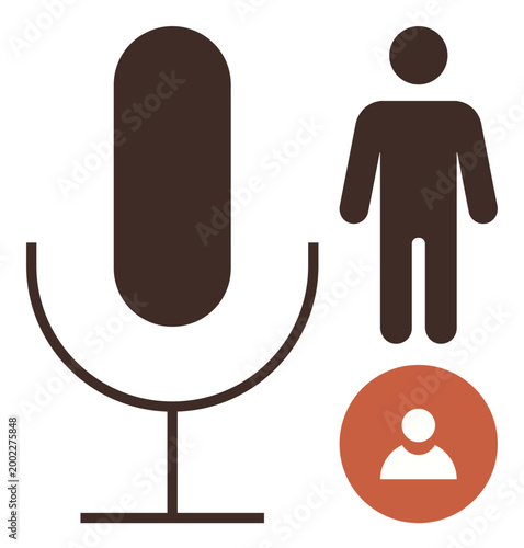 Voice recognition, podcasting, machine learning, user authentication, digital communication, online profiles. Brown microphone, human figure and user icon. Voice recognition and podcasting concepts
