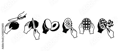 How to cut mango instruction infographic, step by step fruit preparation guide with hands and knife vector icons, isolated black and white cooking illustration for healthy food recipes and diet menu.