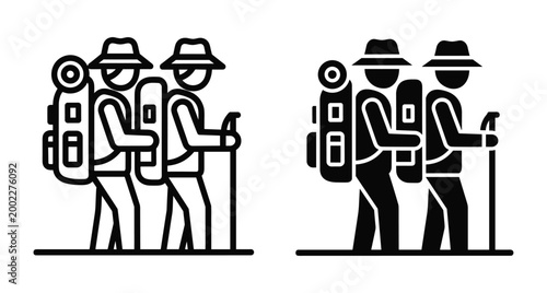 hiking icon set showing two travelers with backpacks and walking sticks for trekking adventure camping tourism and outdoor recreation activities