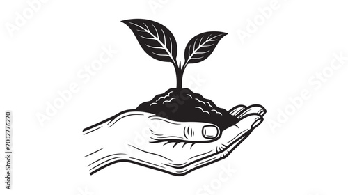 Eco friendly, sustainable growth, hand holding plant, black and white vector icon