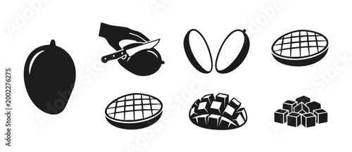 Mango fruit icon set, slicing and dicing food preparation vector symbols. Black flat mango silhouette collection including whole fruit, peeled, diced cubes, and sliced pieces for culinary design graph