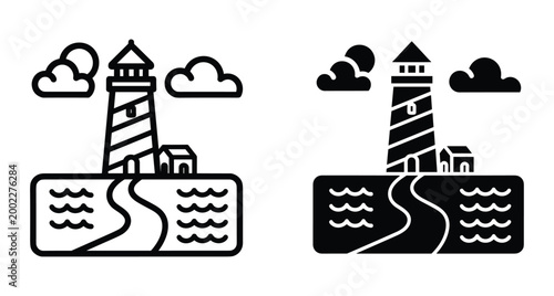 Lighthouse icon set featuring coastal scene with waves clouds sun and small house in outline and solid black vector style