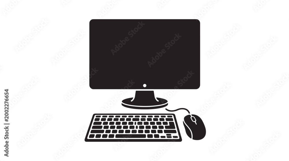Fototapeta premium Computer, desktop, workstation, office setup, black icons, vector graphics