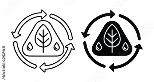 Eco friendly recycling icon set featuring leaf water drops and circular arrows representing sustainable environment conservation green energy and organic waste management