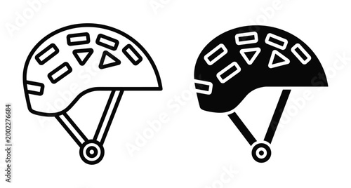 Climbing helmet icon set featuring outline and solid black styles for mountaineering rock climbing safety gear and outdoor adventure equipment