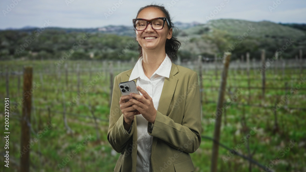 Obraz premium Woman holding smartphone and smiling while typing with both hands in vineyard; contentment rural work.