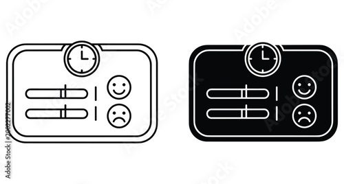 Customer satisfaction survey interface icons with clock slider bars happy and sad face emoticons for feedback and mood tracking