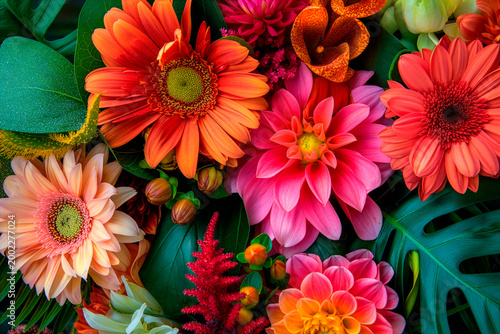 Vibrant summer flower bouquet in top view, filling the frame with bold colors and detailed textures in professional photography.