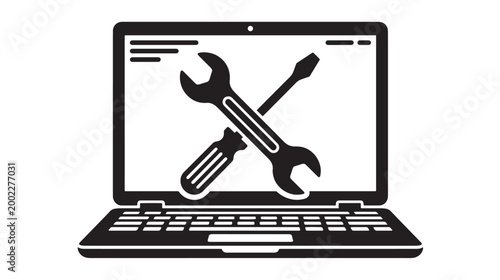 Laptop repair, maintenance icons, crossed wrench screwdriver, computer support tools, black vector graphics