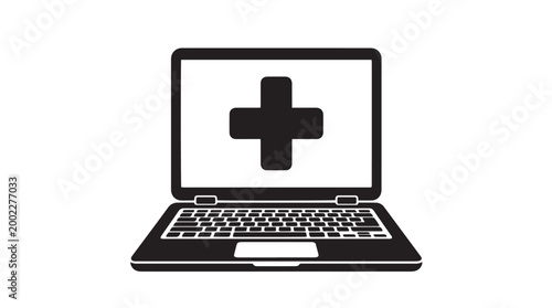 Medical laptop icon with cross symbol, telemedicine and digital health vector illustration, online healthcare and remote doctor consultation concept
