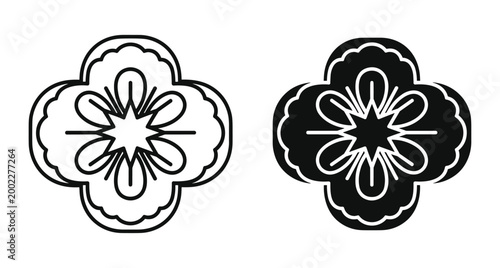 Stylized floral mandala icons featuring quatrefoil frame and central star shape in black line art and solid silhouette versions for graphic design