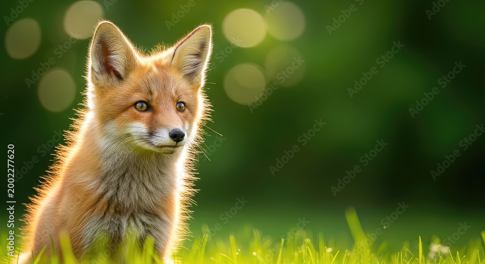 Obraz premium Captivating close-up portrait of a fluffy orange fox kit sitting in lush green grass, showing bright eyes and soft ears in gentle sunlight, woodland, pup, ears