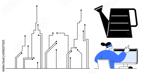 Smart cities, innovation, sustainability, urban planning, digital connection, remote work. Outline of modern buildings with circuit lines, a watering can and a person working at a computer. Smart