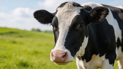 A black and white cow stands in a lush green field under a blue sky with white clouds, looking directly at the camera with its ears perked up and a calm expression