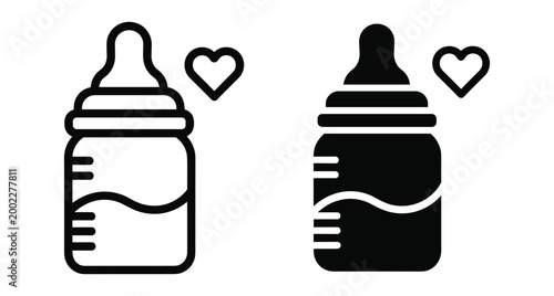 Baby bottle icon set with heart symbol representing infant feeding milk nutrition and newborn care in outline and solid styles