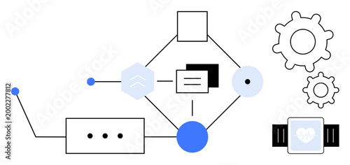Digital transformation, IoT, smart technology, data management, connectivity, innovation. Visual of interconnected nodes, gears smartwatch data symbols. IoT and smart technology concept