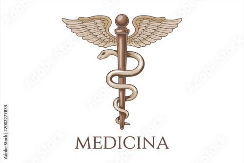 Caduceus medicine symbol with wings and snake on white background for health and pharmacy business.