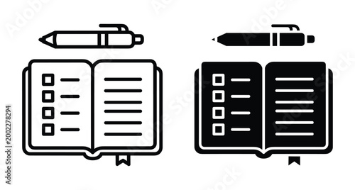 Notebook and pen icon set featuring open planner with checklist and lined pages for business organization task management and education