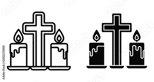 Christian cross with burning candles icon set for religious ceremony funeral memorial service prayer and spiritual worship symbols in black